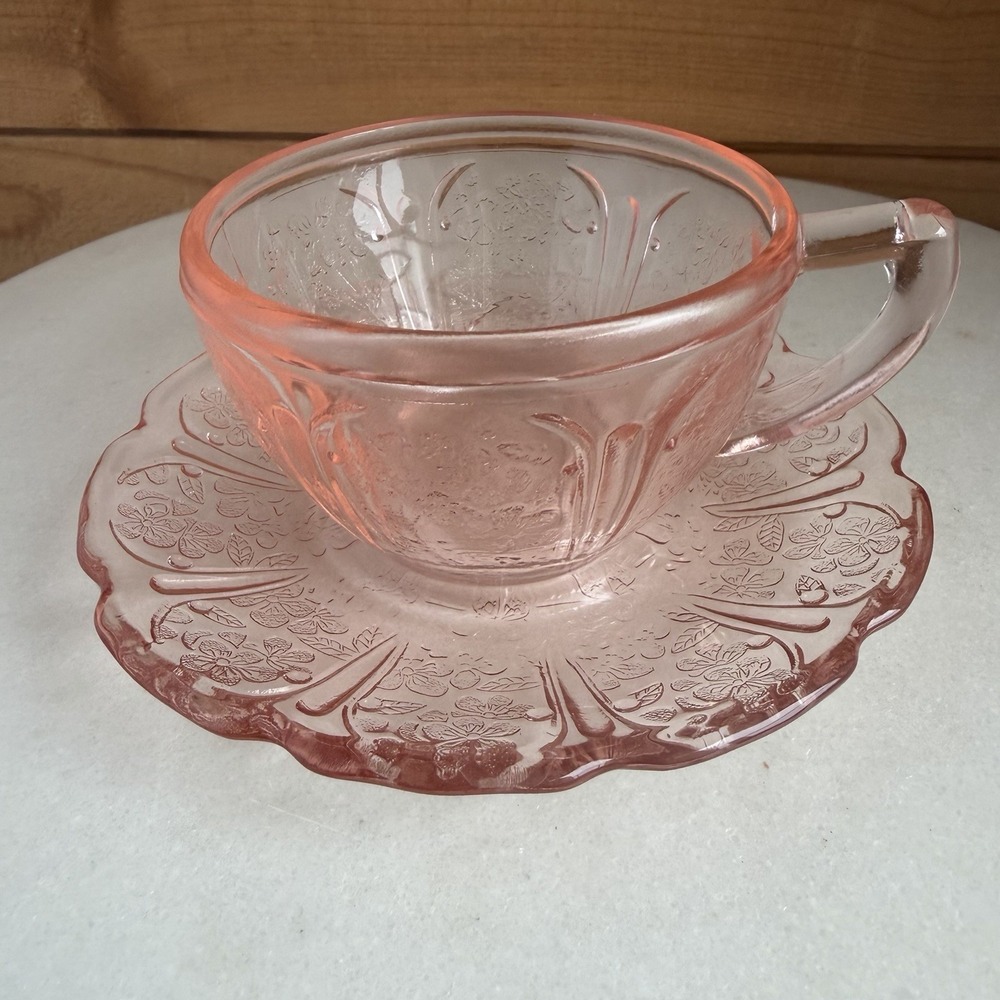 Vtg Jeannette Glass Co. Pink Cherry Blossom Cup/Saucer Set Depression Glass EUC